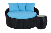 Load image into Gallery viewer, Round sofa with side table, Blue cushions - Hong Kong Rooftop Party