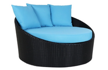 Load image into Gallery viewer, Round sofa with side table, Blue cushions - Hong Kong Rooftop Party
