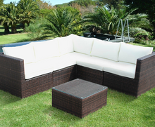 Load image into Gallery viewer, Corner Sofa Set, White Cushions, Brown Rattan - Hong Kong Rooftop Party

