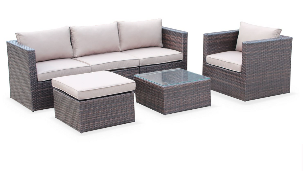 Super Chill Sofa Set, Beige Cushions, Brown Rattan - Hong Kong Rooftop Party