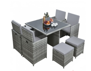 Patio Family 4 Chair Dining set, Light Grey cushions, Grey Rattan - Hong Kong Rooftop Party