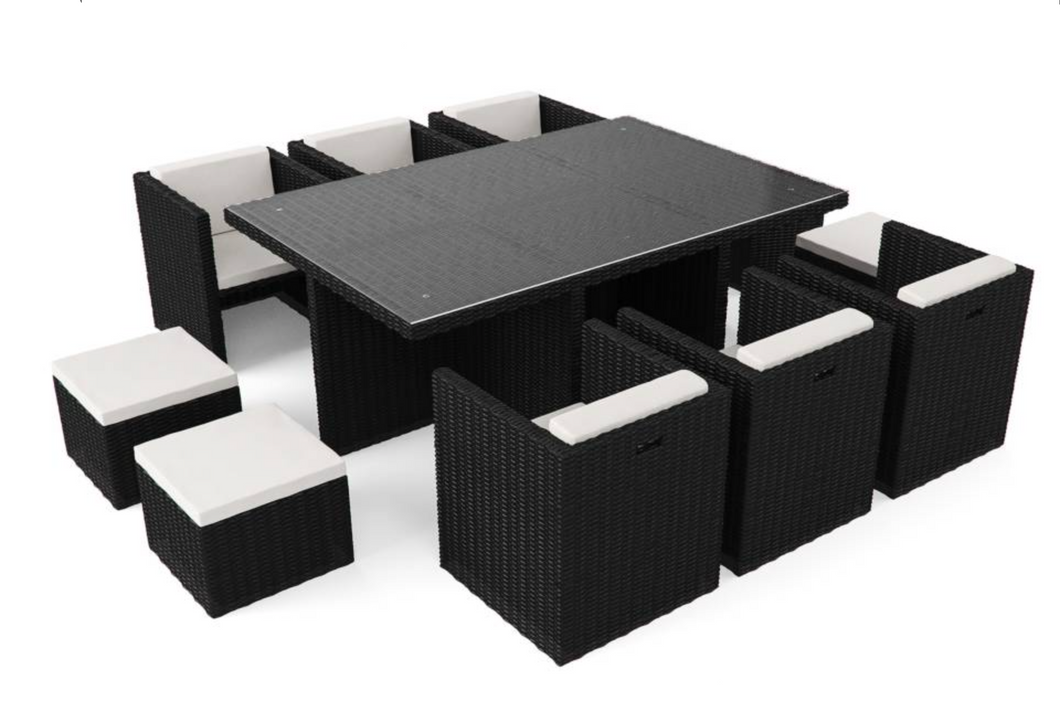 Patio Family 6 Chair Dining set, White cushions, Black Rattan - Hong Kong Rooftop Party