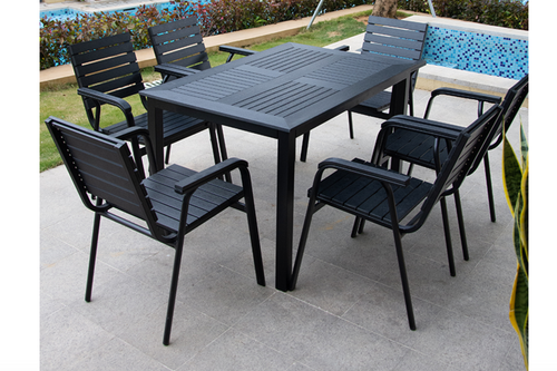 Aluminum Black Polywood Dining Set, 6 Chairs 120cm Table - Hong Kong Rooftop Party