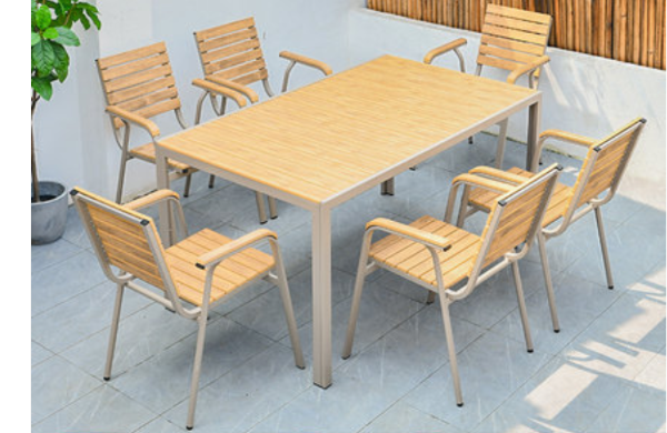 Aluminum Light Brown Polywood Dining Set, 6 Chairs 150cm Table - Hong Kong Rooftop Party
