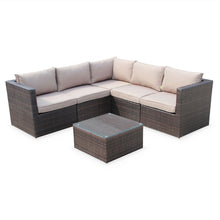 Load image into Gallery viewer, Corner Sofa Set, Beige Cushions, Brown Rattan - Hong Kong Rooftop Party
